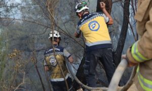 فرق الدفاع المدني تحاول إخماد الحرائق في جبل التركمان باللاذقية (الدفاع المدني السوري/تلجرام)